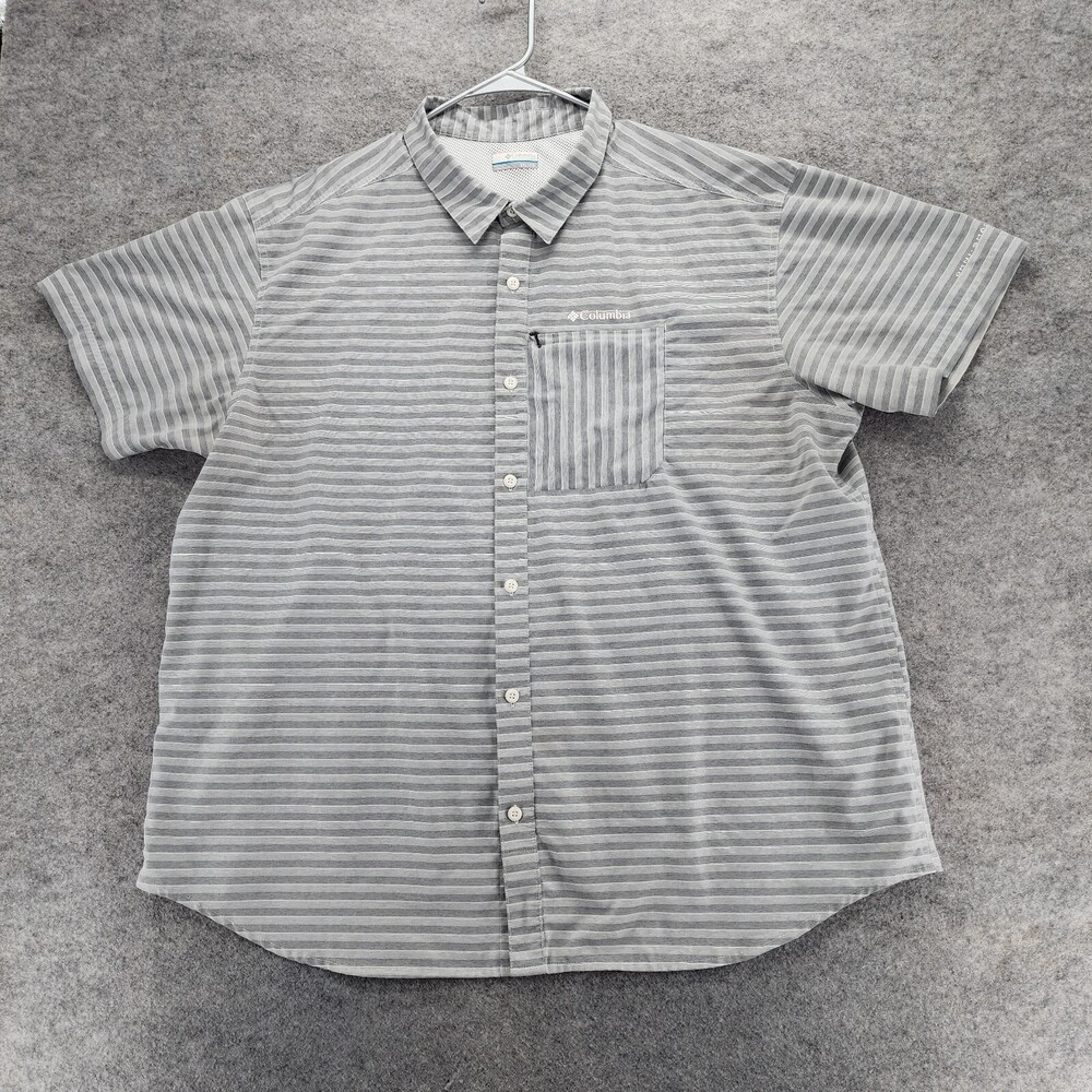 Columbia Shirt Mens 2XL XXL Button Up Short Sleeve Gray Striped Omni Shade